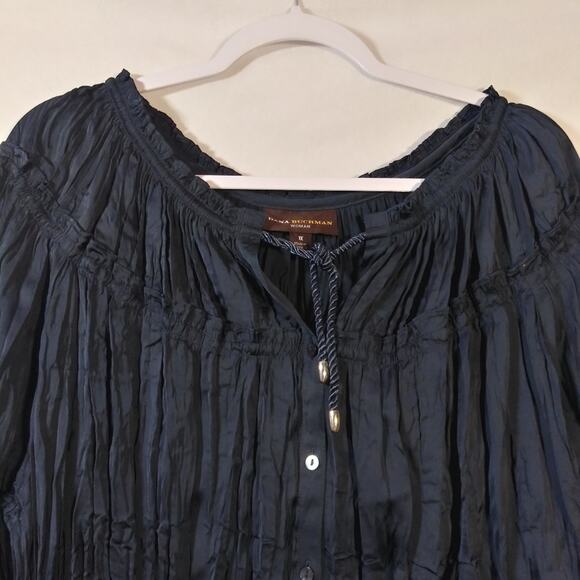 Dana Buchman Navy Blue Crinkle Short Sleeve Button Front Blouse Tie Neck Size 1X - Picture 4 of 7